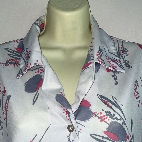 Vtg 70s knit polyester shirt with gray & pink print - Picture 2 of 8